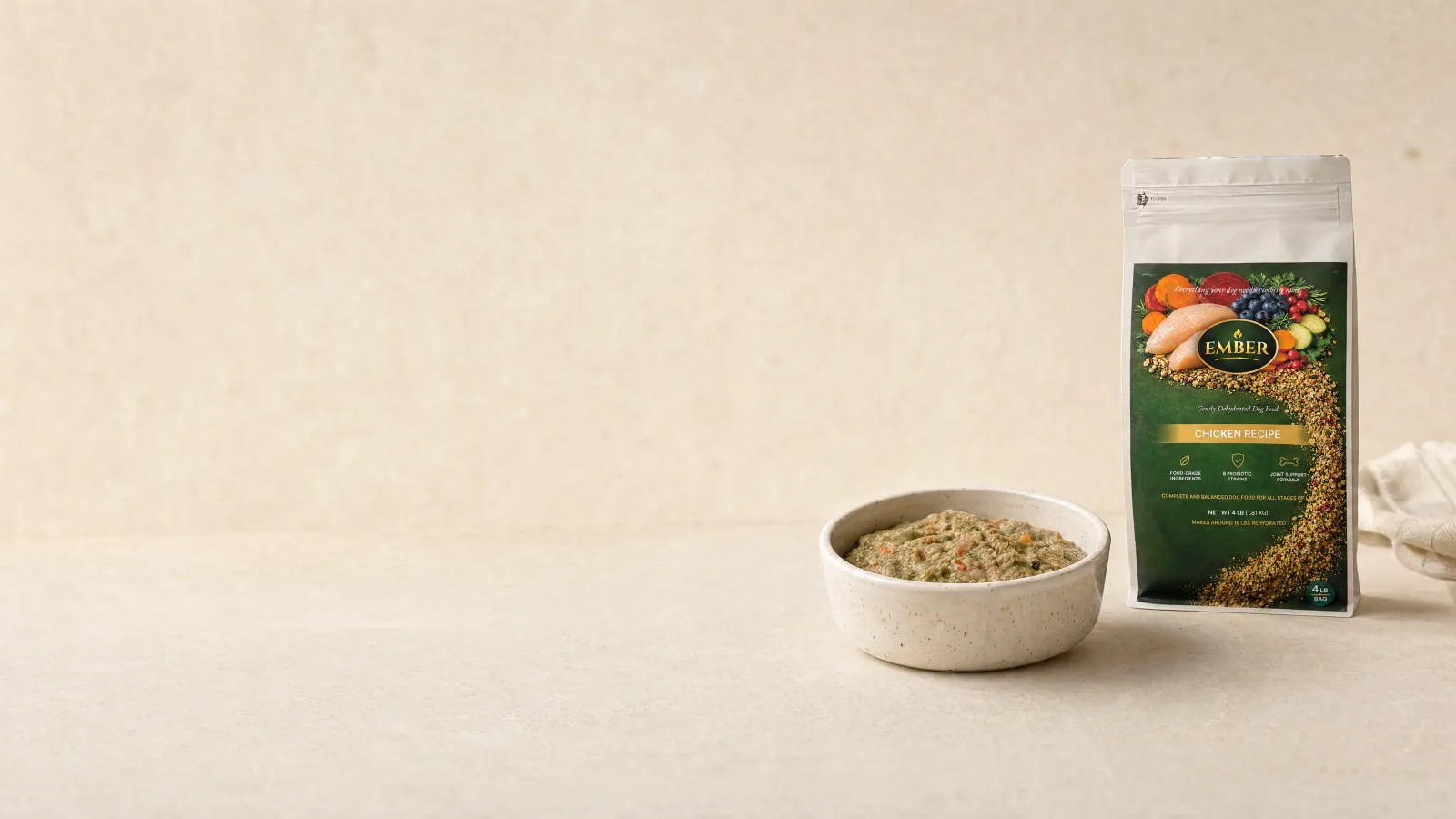 Ember dog food product presentation in warm natural light.